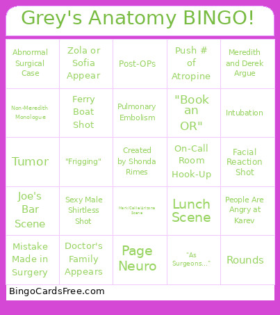 Grey's Anatomy ! Bingo Card