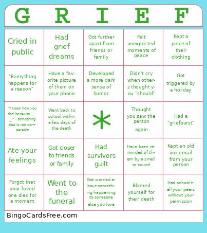 Grief Bingo Cards Free Pdf Printable Game, Title: GRIEF