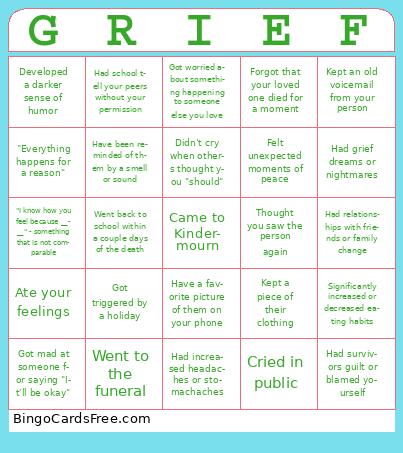 Grief Bingo Cards Free Pdf Printable Game, Title: GRIEF