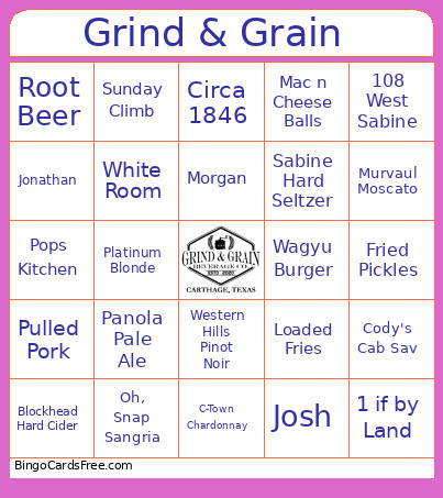 Grind & Grain 1 Bingo Card