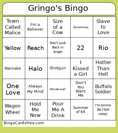 Gringo's Bingo Card