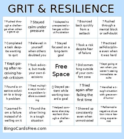 Grit & Resilience - Bingo Game Cards Free Pdf Printable Game, Title: GRIT & RESILIENCE