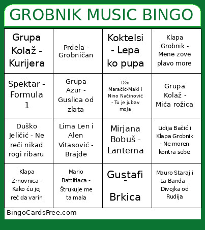 GROBNIK MUSIC BINGO Cards