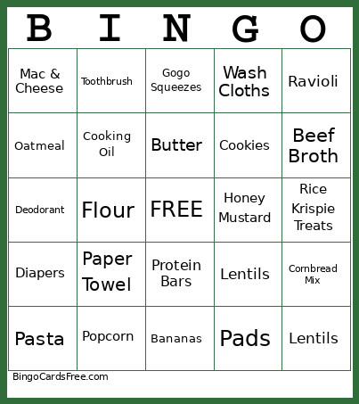 Grocery Bingo Card