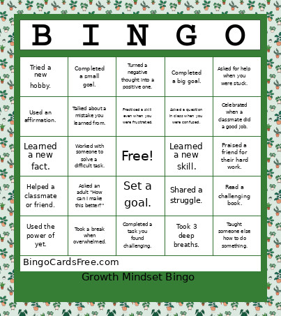 Growth Mindset Bingo Card