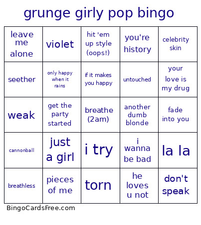 Grunge Girly Pop Bingo Card