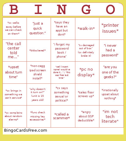 Gs Bingo Card