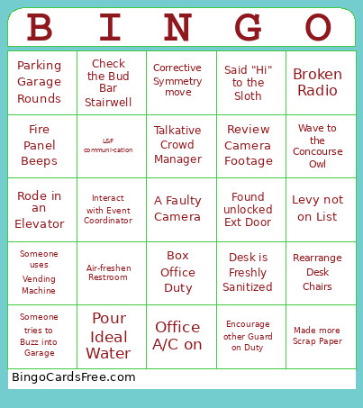 Guard On Duty Bingo Card