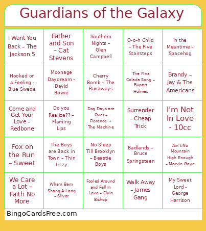 Guardians Of The Galaxy Bingo Card