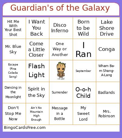 Guardian's of the Galaxy Music Bingo