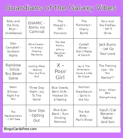 Guardians Of The Galaxy Vibes Bingo Card
