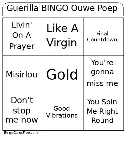 Guerilla Ouwe Poep Bingo Card