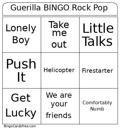 Guerilla Rock Pop Bingo Card