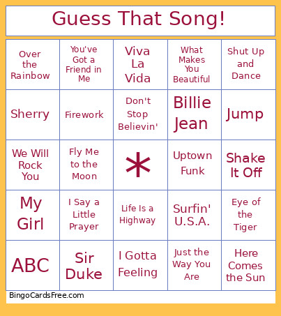 Guess That Song! Bingo Card