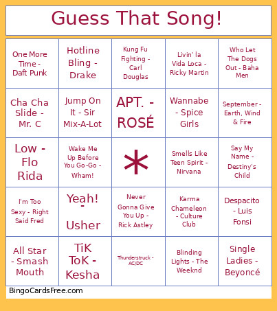 Guess That Song! Bingo Card
