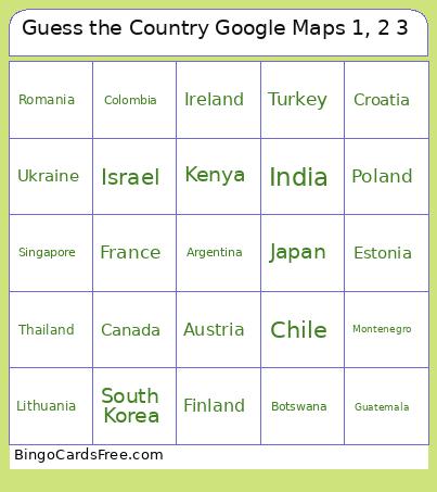 Guess The Country Google Maps 1, 2 3 Bingo Card