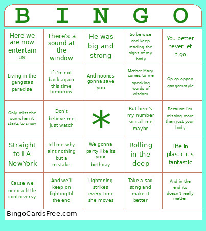 Guess The Next Lyric Bingo Card