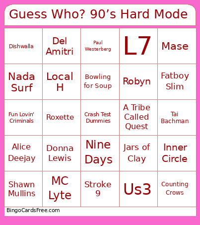 Guess Who? 90’s Hard Mode Bingo Card