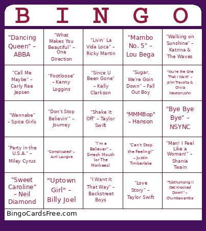 Guilty Pleasure Songs Bingo Card