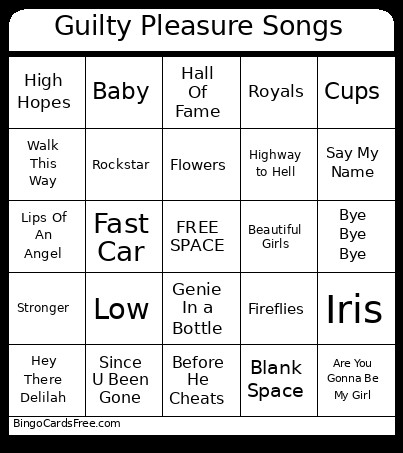 Guilty Pleasure Songs Bingo Card