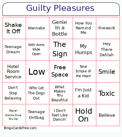 Guilty Pleasures Bingo Card