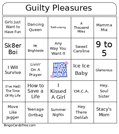 Guilty Pleasures Bingo Card