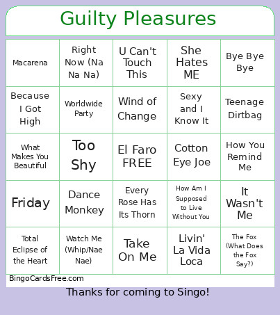 Guilty Pleasures_August2 Bingo Card