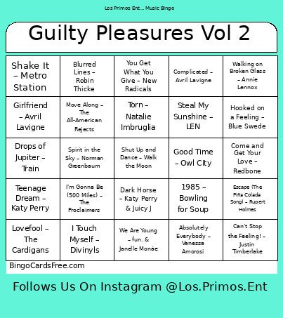 Guilty Pleasures Vol 2 Bingo Card