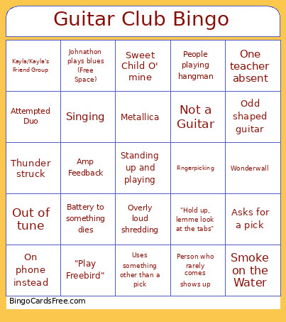Guitar Club Bingo Card