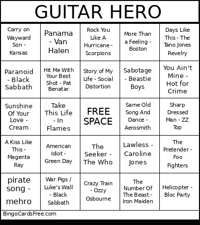 GUITAR HERO Bingo Card