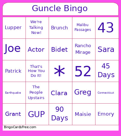 Guncle Bingo Card