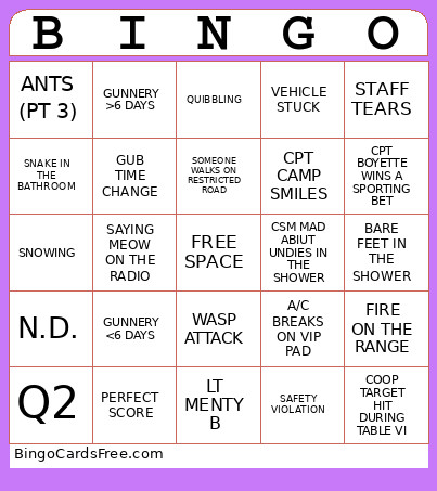 Gunnery 2025 Pt 2 Bingo Card