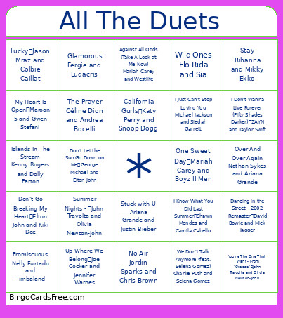 Guy Girl Duets Bingo Card