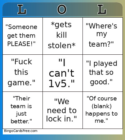 Guy Playing League Of Legends Bingo Card