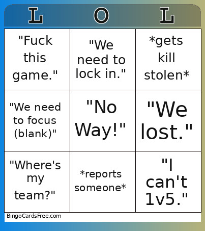 Guy Playing League Of Legends Bingo Card