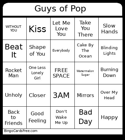 Guys Of Pop Bingo Card