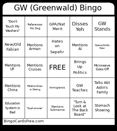 GW (Greenwald) Bingo Card
