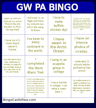 GW PA Bingo Cards Free Pdf Printable Game, Title: GW PA BINGO