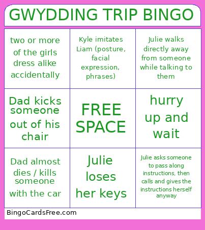 GWYDDING TRIP BINGO