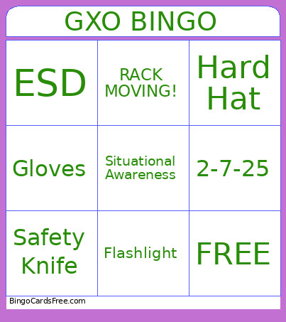 GXO Bingo Card