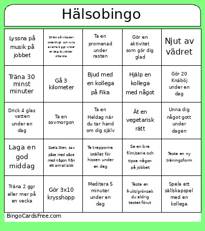 Hälso2 Bingo Card