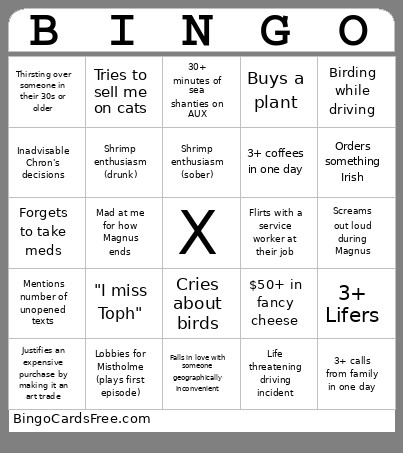 H&R Road Trip Bingo Card