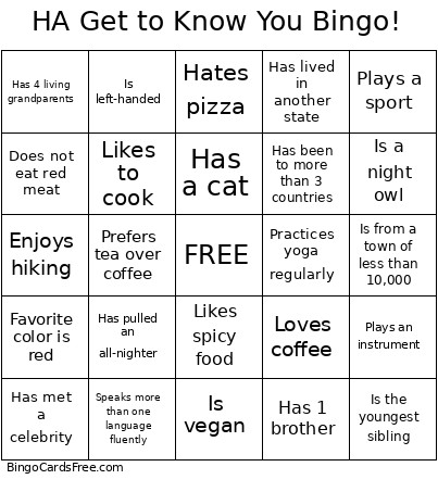 HA Get To Know You ! Bingo Card