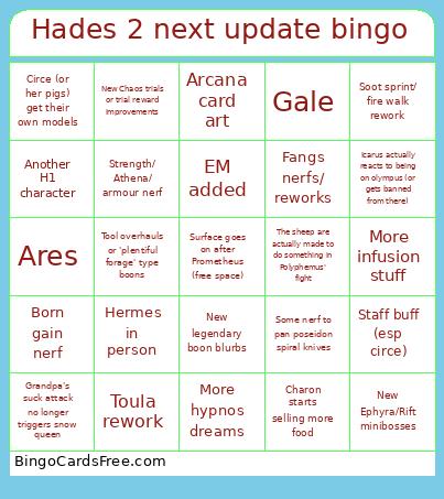 Hades 2 Major Update Bingo Card