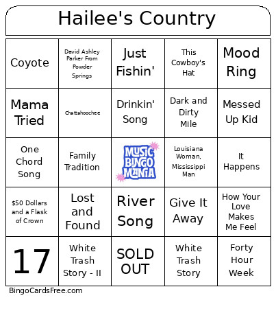 Hailee's Country Bingo Card