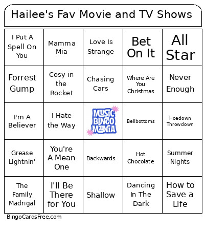 Hailee's Fav Movie And TV Shows Bingo Card