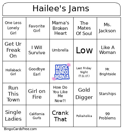Hailee's Jams Bingo Card