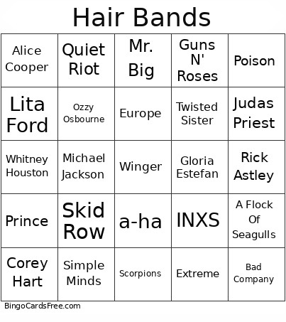Hair Bands Bingo Card