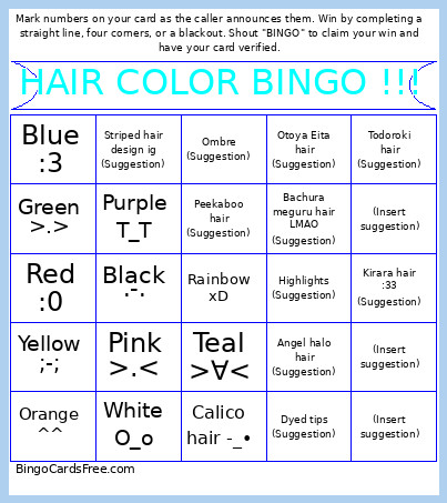 Hair Color Bingo Card