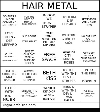 HAIR METAL Bingo Card